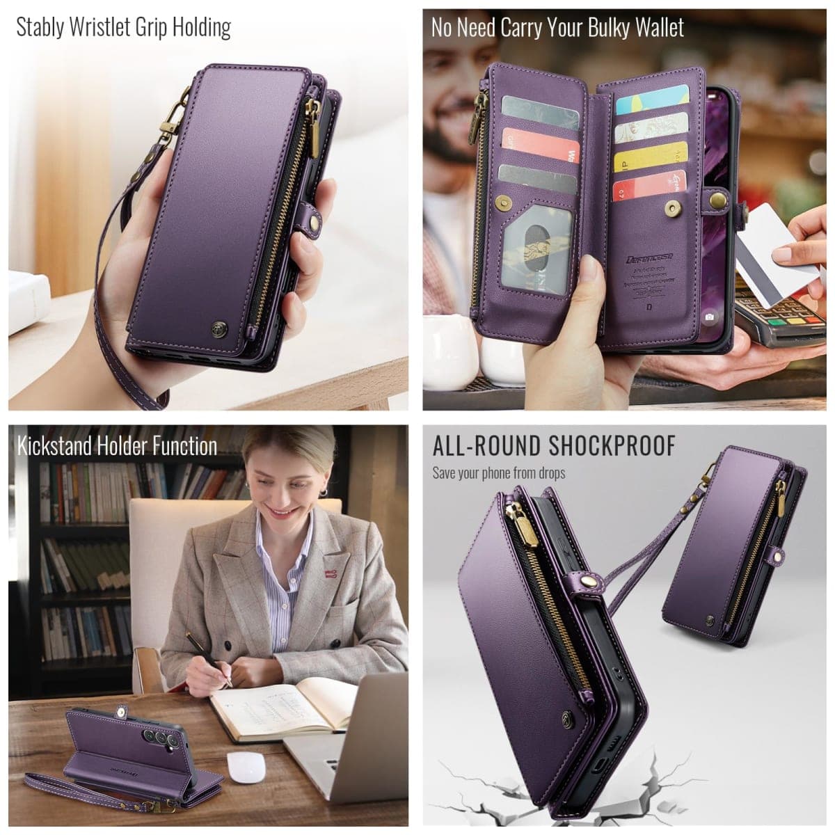 Defencase for Galaxy S25 Plus/S25+ Case Wallet with RFID Blocking Card Holder for Women Men, Elegant Leather Magnetic Snap Flip Strap Zipper Wallet Phone Cases for Samsung Galaxy S25 Plus 6.7", Purple thumbnail 4