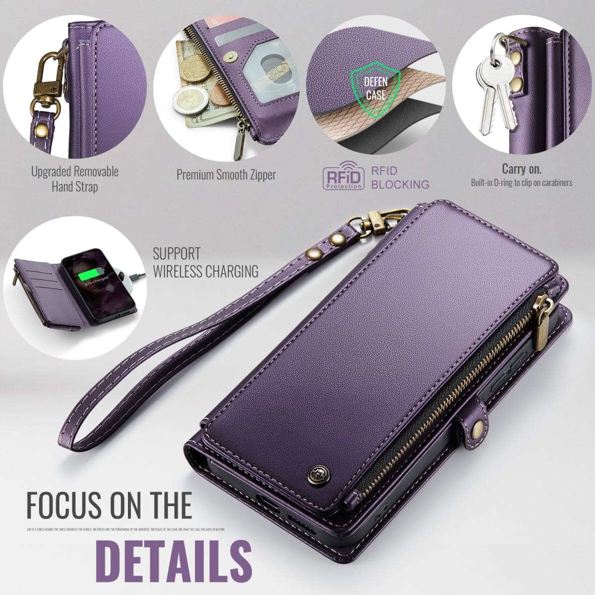 Defencase for Galaxy S25 Plus/S25+ Case Wallet with RFID Blocking Card Holder for Women Men, Elegant Leather Magnetic Snap Flip Strap Zipper Wallet Phone Cases for Samsung Galaxy S25 Plus 6.7", Purple thumbnail 5