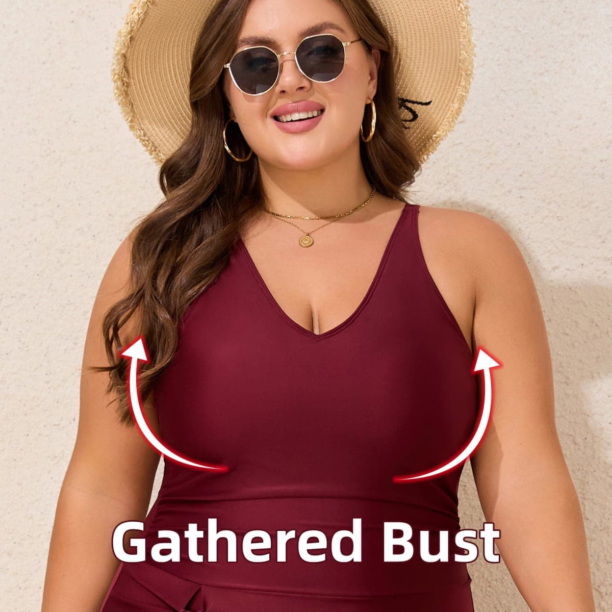 QXShyland Women Plus Size Swim Dress High Stretch One Piece Swimsuit Tummy Control Bathing Suits, Wine Red, 3X-Large Plus thumbnail 2
