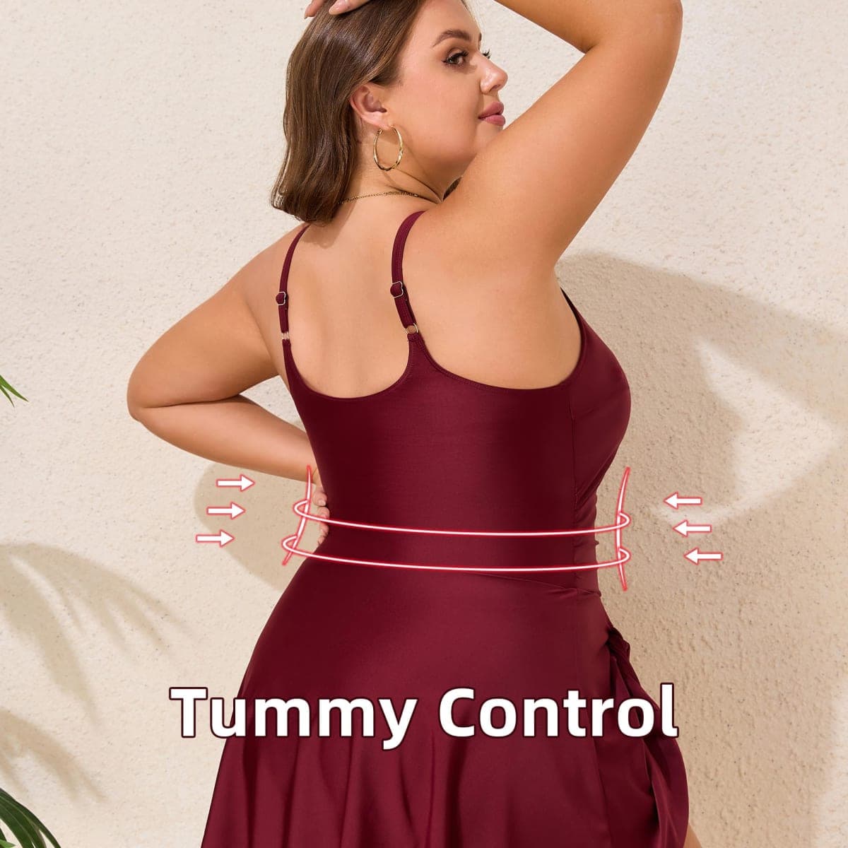 QXShyland Women Plus Size Swim Dress High Stretch One Piece Swimsuit Tummy Control Bathing Suits, Wine Red, 3X-Large Plus thumbnail 4