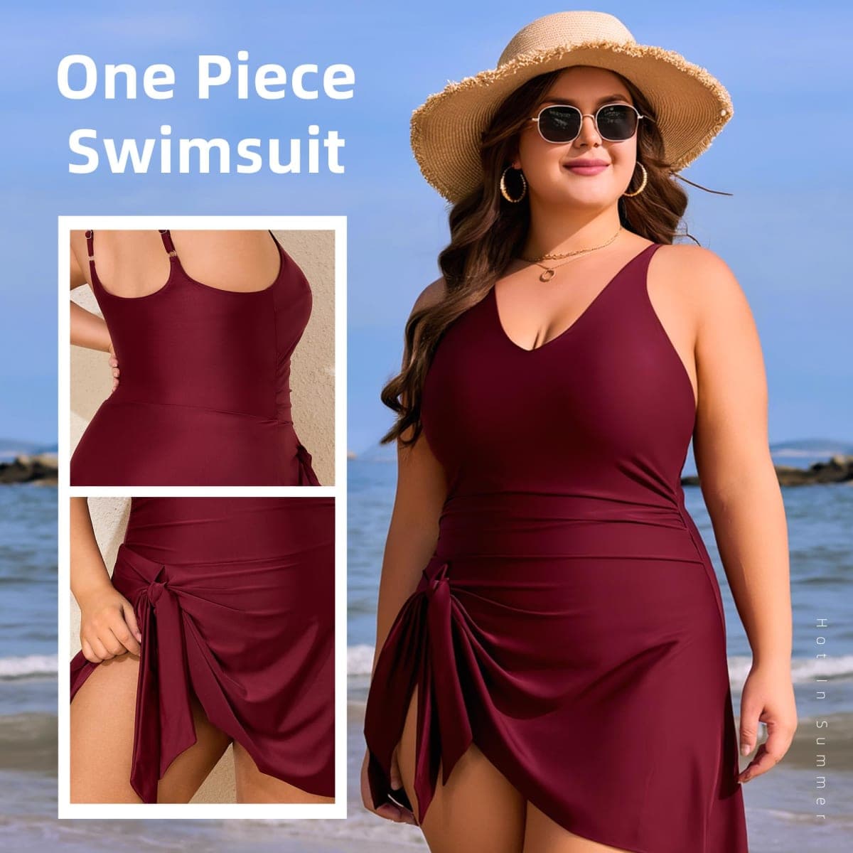 QXShyland Women Plus Size Swim Dress High Stretch One Piece Swimsuit Tummy Control Bathing Suits, Wine Red, 3X-Large Plus thumbnail 5