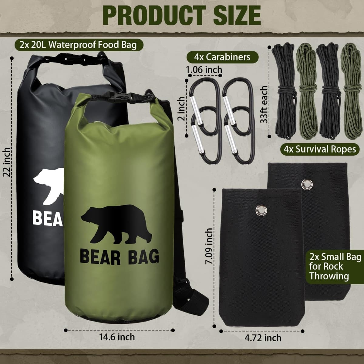 Foilswirl 2 Sets Bear Food Bag for Camping Ultralight Food Bag Hanging System Includes 2 Pcs Waterproof Bear Bag Pulley System and 4 Pcs Nylon Ropes 4 Pcs Clips 2 Pcs Rock Pouch (Black, Green,20l) thumbnail 2