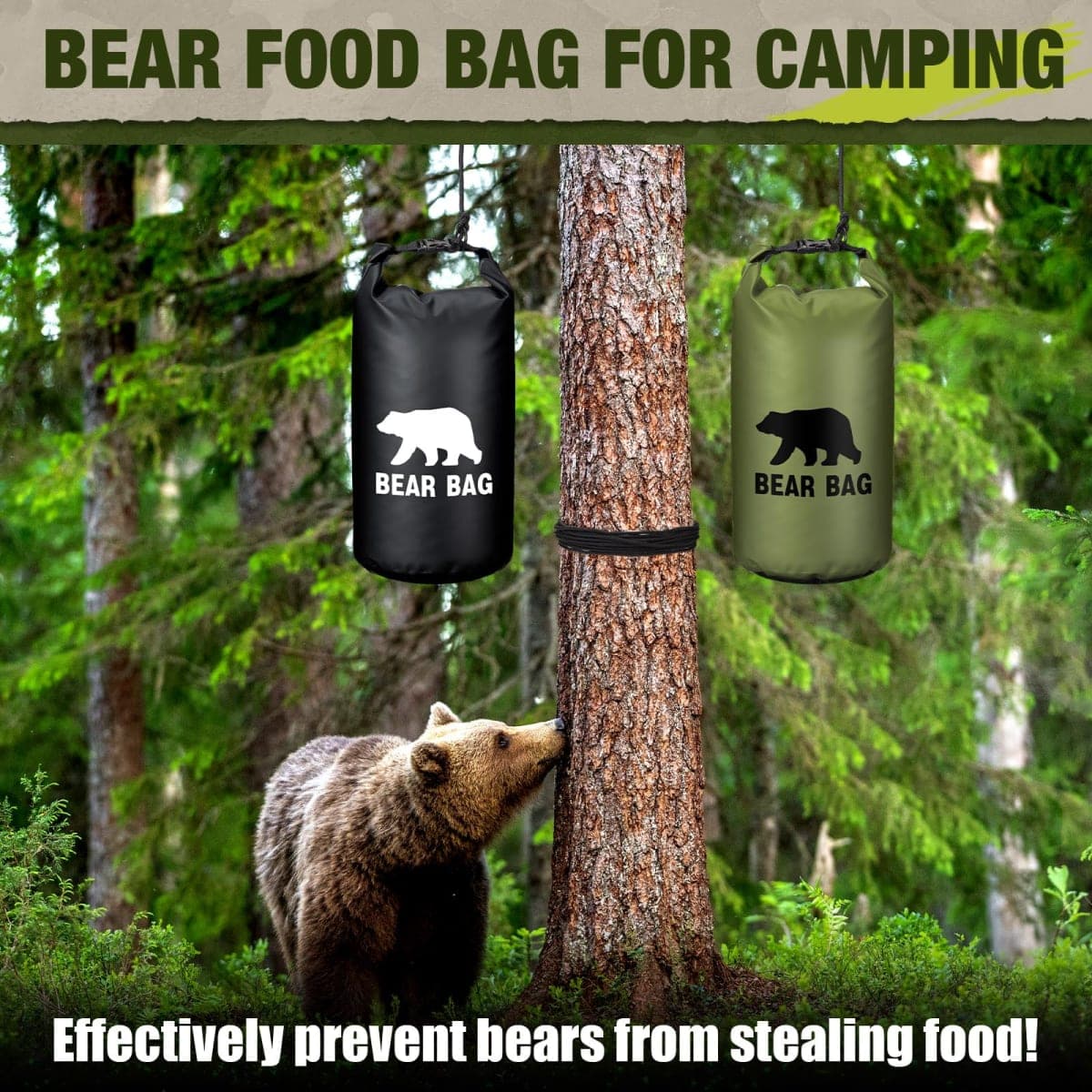 Foilswirl 2 Sets Bear Food Bag for Camping Ultralight Food Bag Hanging System Includes 2 Pcs Waterproof Bear Bag Pulley System and 4 Pcs Nylon Ropes 4 Pcs Clips 2 Pcs Rock Pouch (Black, Green,20l) thumbnail 3