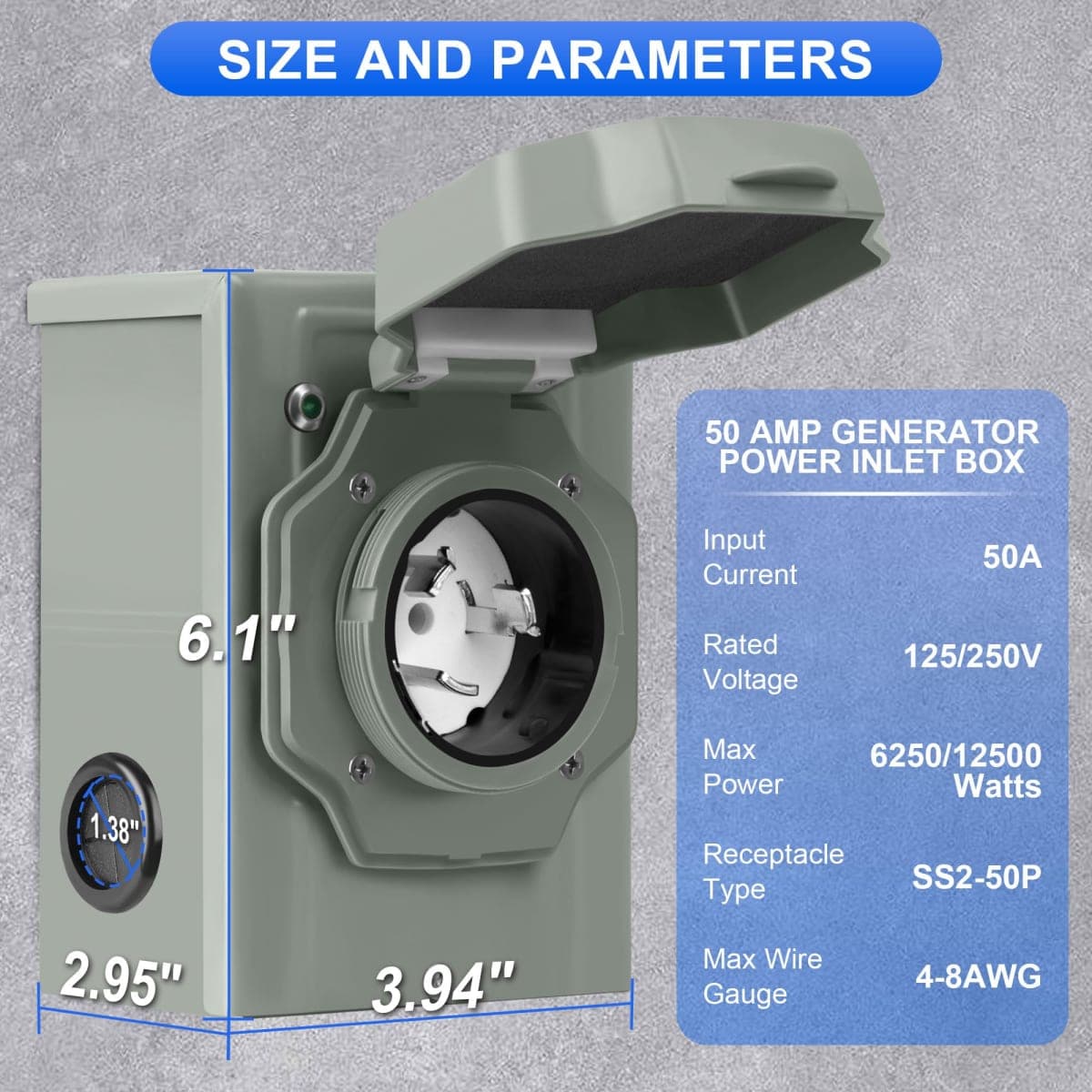 50 Amp Generator Inlet Box, NEMA SS2-50 Pre-Drilled Power Inlet Box for 3 Prong Generator Cord, 125/250V, 12500Watts Inlet Box with LED Power Indicator for Weatherproof Outdoor Use, ETL Listed thumbnail 4