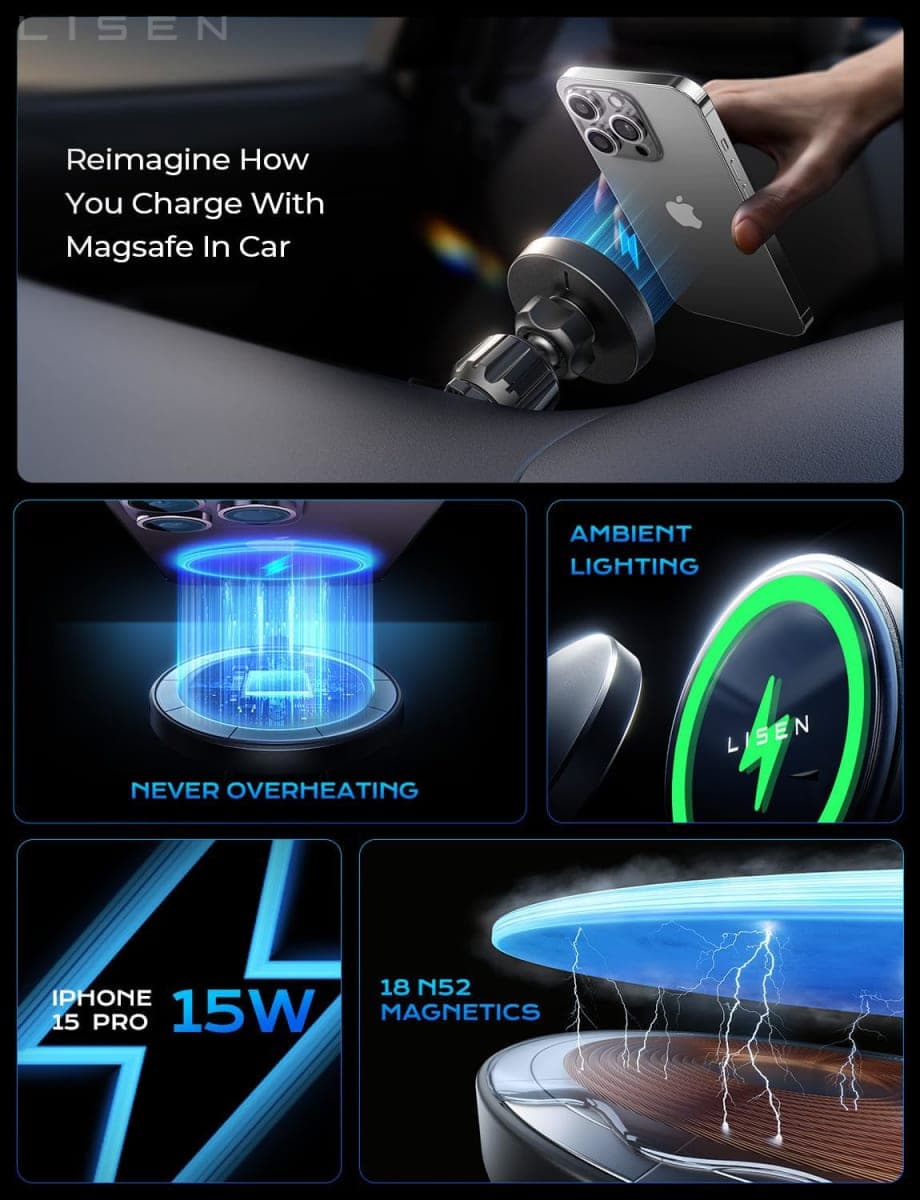 LISEN 15W for MagSafe Car Mount Charger【24 Strongest Magnets】 Phone Holder Car Magnetic Wireless Charger【360°】 Vent & Dashboard MagSafe Car Accessories Gifts Mom for iPhone 17 Pro 16 15 14 13 thumbnail 5