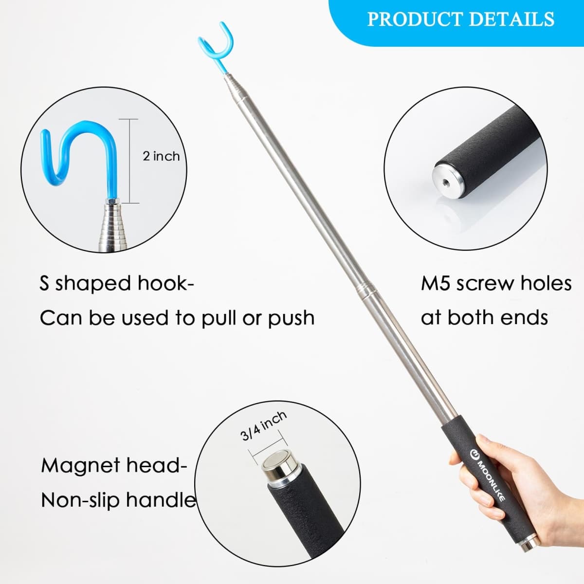 Moonlike Telescoping Pickup Tool Magnetic Pole with Hook, 10 ft Telescopic Grabber Hook Pole Wire Reacher Tool, Push Pull Rod thumbnail 2