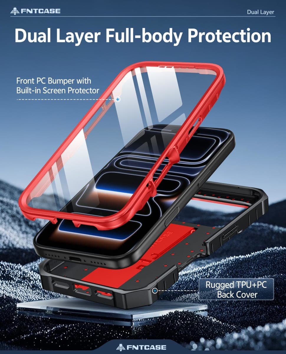 FNTCASE for iPhone 17 Pro-Max Case: Military Grade Drop Proof Protection Mobile Cover with Kickstand | Matte Textured Rugged Shockproof TPU | Protective Sturdy Phone Case - 6.9 inch Red thumbnail 3