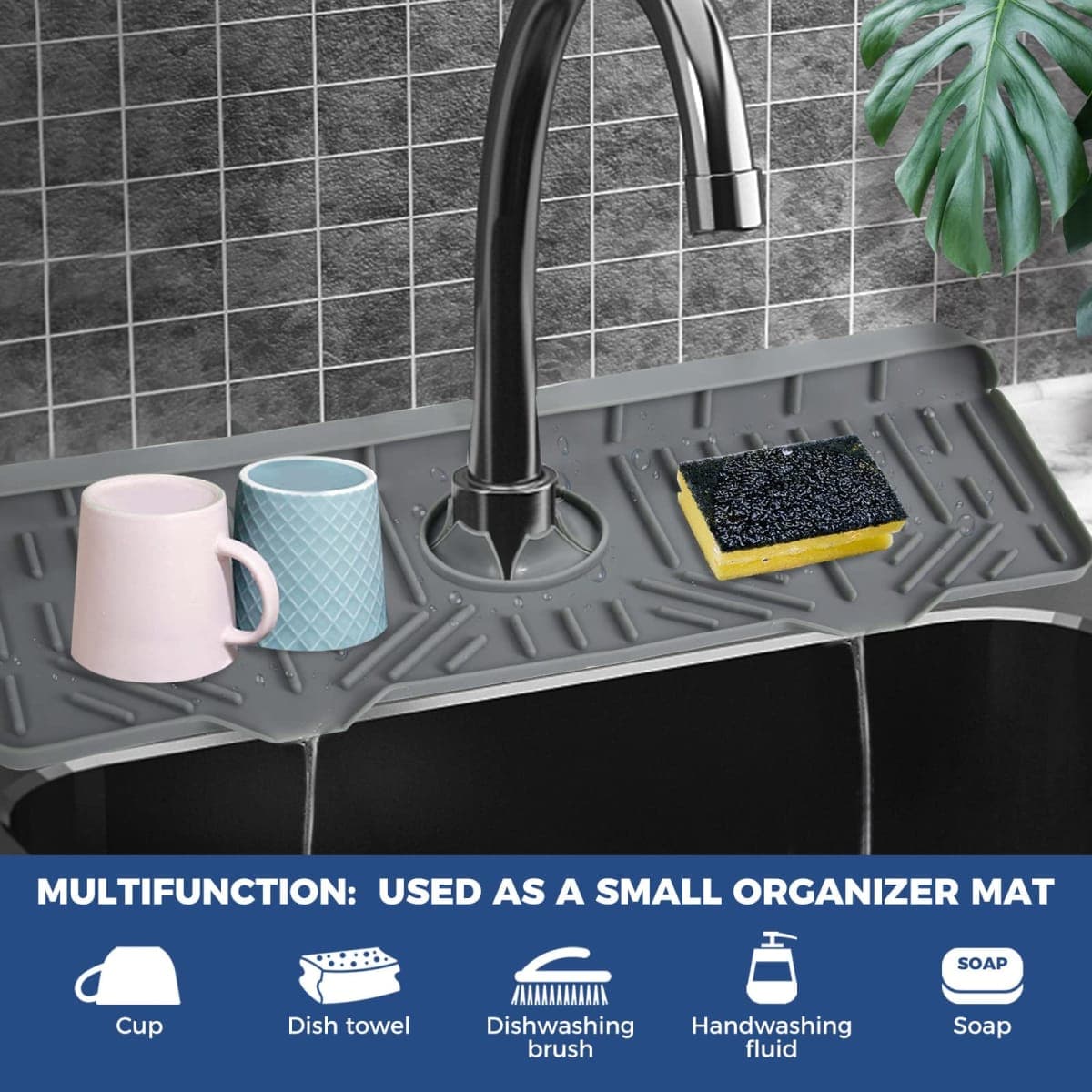 BFONS XL Silicone Faucet Handle Drip Catcher Tray, Gray, 18.1in x 5.7in x 0.79in thumbnail 3