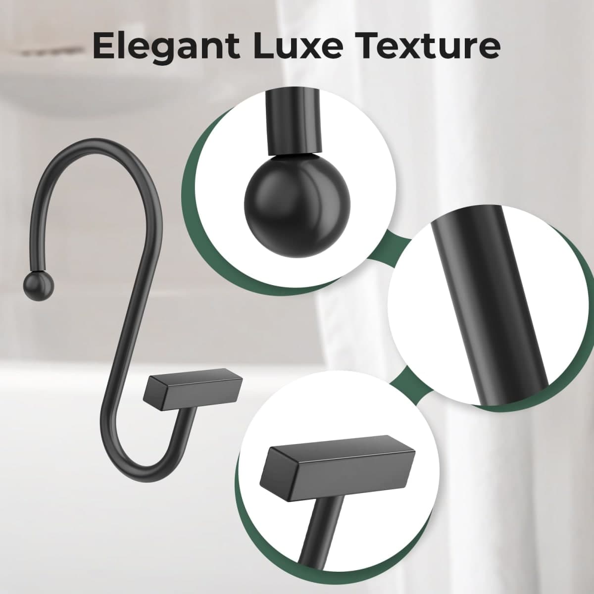 Bathway Shower Curtain Hooks, Black Shower Curtain Rings Rust Proof, 12PCS Shower Hooks for Shower Curtain, T-Bar Design Convenient Elegant Shower Curtain Hangers for Bathroom Kitchen Wardrobe thumbnail 3