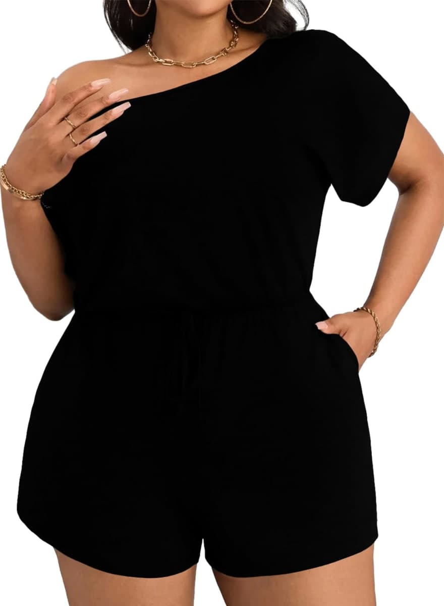Eytino Womens Plus Size Jumpsuits Off The Shoulder Summer Rompers Casual Short Sleeve Overalls with Pockets(1X-5X), Black, 1X — image 1