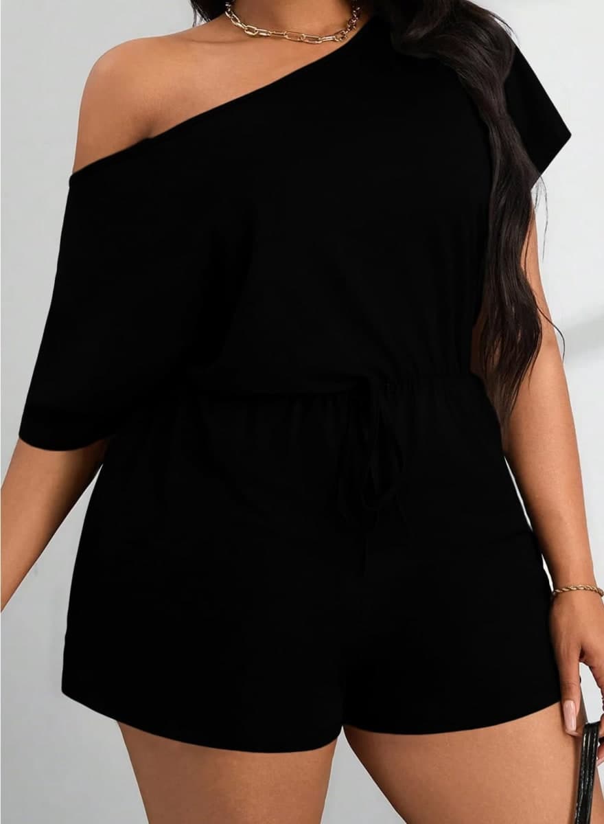 Eytino Womens Plus Size Jumpsuits Off The Shoulder Summer Rompers Casual Short Sleeve Overalls with Pockets(1X-5X), Black, 1X thumbnail 2