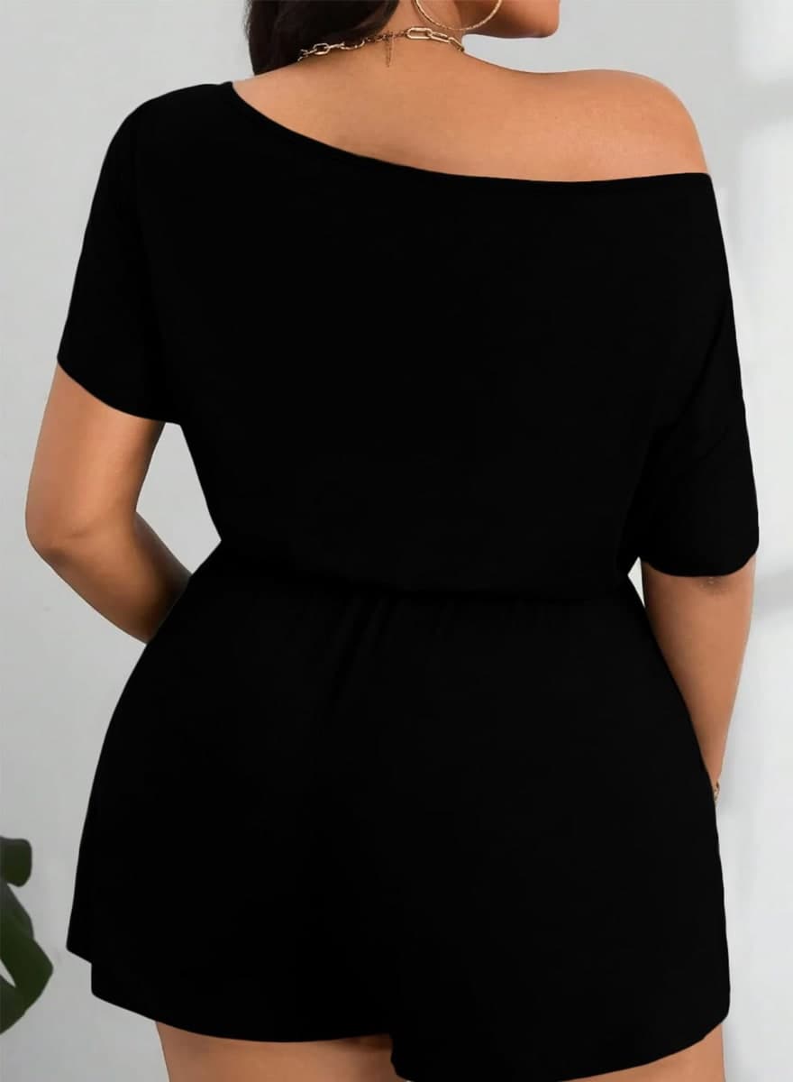 Eytino Womens Plus Size Jumpsuits Off The Shoulder Summer Rompers Casual Short Sleeve Overalls with Pockets(1X-5X), Black, 1X thumbnail 3