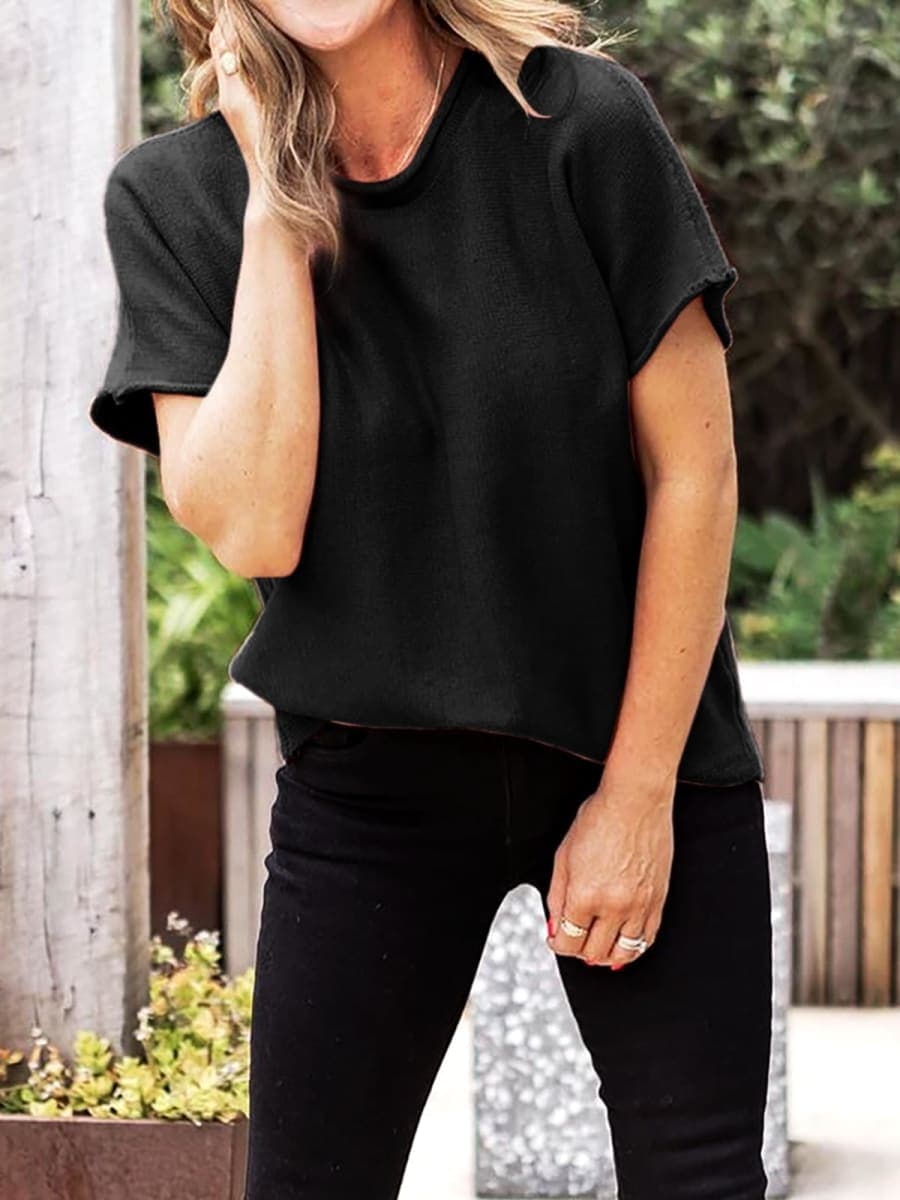 Saodimallsu Womens Short Sleeve Sweater Tops Basic Lightweight Casual Crewneck Summer Loose Fit Cropped Tees Shirts, Black, Medium thumbnail 3