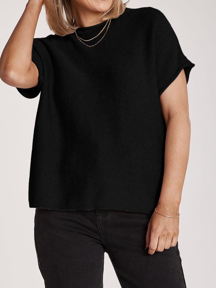 Saodimallsu Womens Short Sleeve Sweater Tops Basic Lightweight Casual Crewneck Summer Loose Fit Cropped Tees Shirts, Black, Medium thumbnail 4