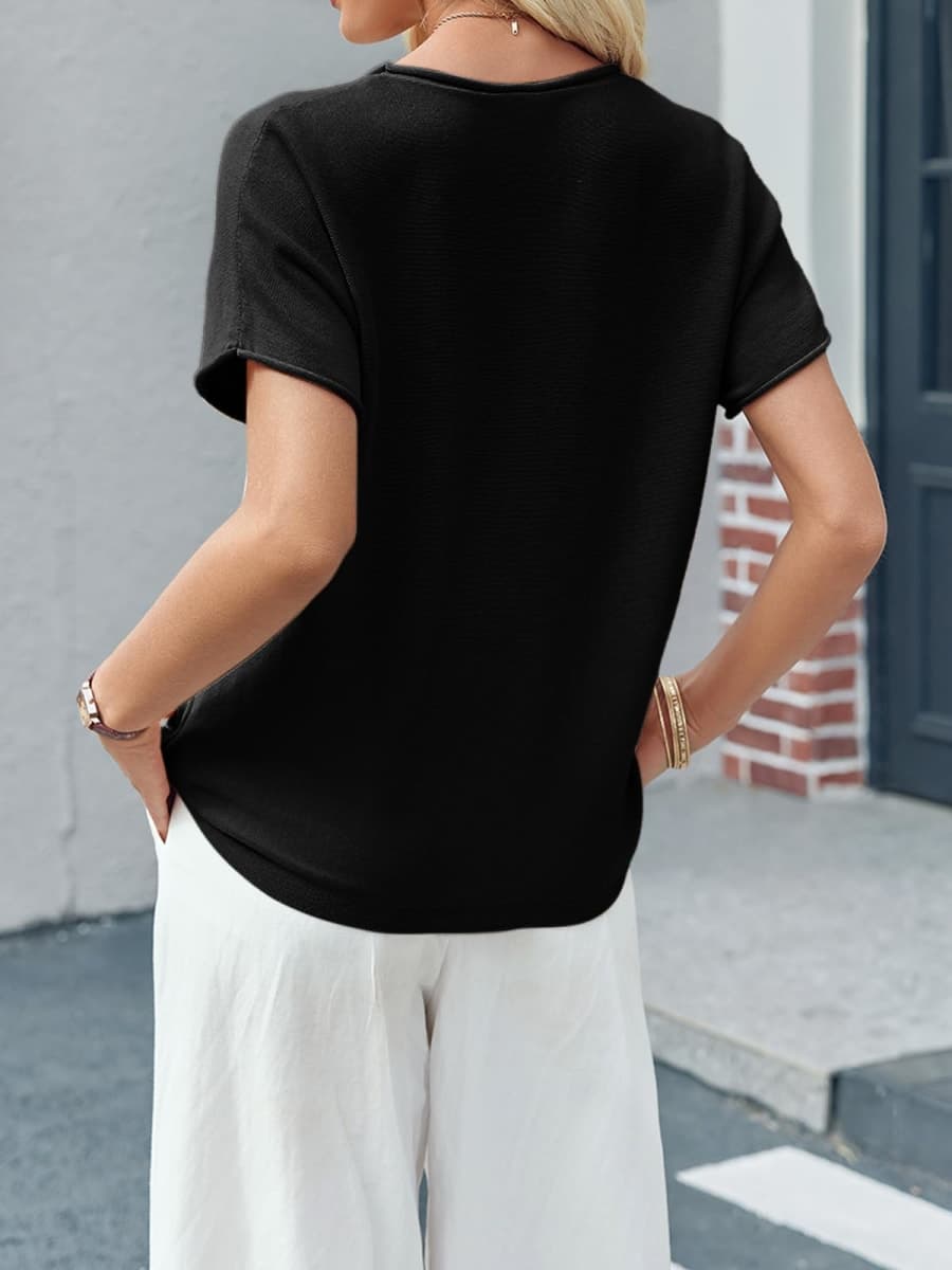 Saodimallsu Womens Short Sleeve Sweater Tops Basic Lightweight Casual Crewneck Summer Loose Fit Cropped Tees Shirts, Black, Medium thumbnail 5