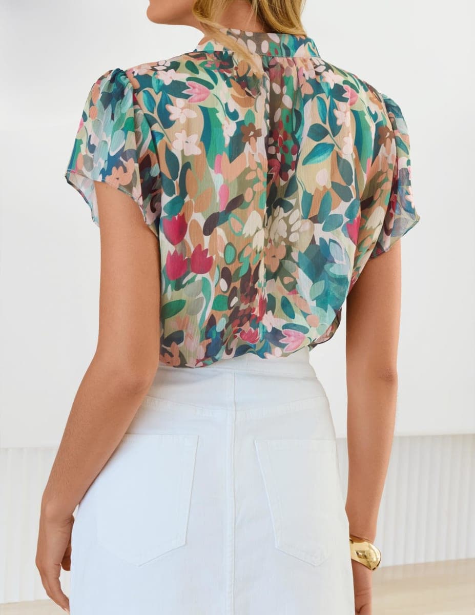 ZESICA Women's Summer Floral Blouse 2026 Flutter Short Sleeve Botton Down Chiffon Shirts Casual Boho Tops Trendy Outfits, Pink Green, X-Large thumbnail 3