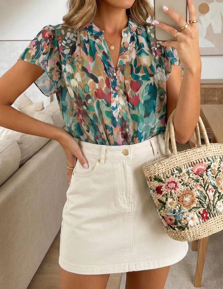 ZESICA Women's Summer Floral Blouse 2026 Flutter Short Sleeve Botton Down Chiffon Shirts Casual Boho Tops Trendy Outfits, Pink Green, X-Large thumbnail 4