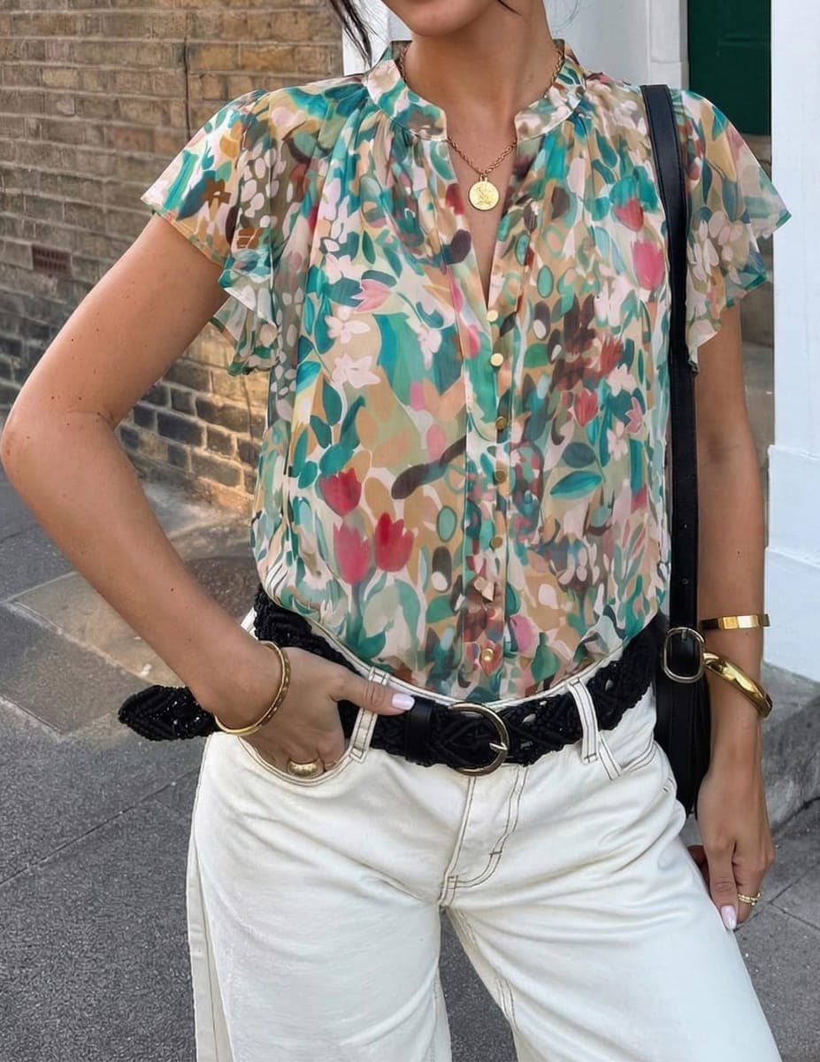 ZESICA Women's Summer Floral Blouse 2026 Flutter Short Sleeve Botton Down Chiffon Shirts Casual Boho Tops Trendy Outfits, Pink Green, X-Large thumbnail 5