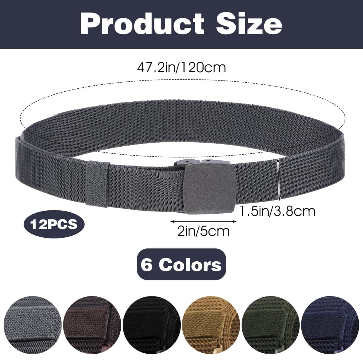 Molain 12 Pack Men's Nylon Belts, Nylon Webbing Canvas Belt Belt for Men Women Plastic Buckle Metal Free Webbing Canvas Work Belts for Outdoors, Hiking Casual, 47inch Length (6 Colors) thumbnail 2
