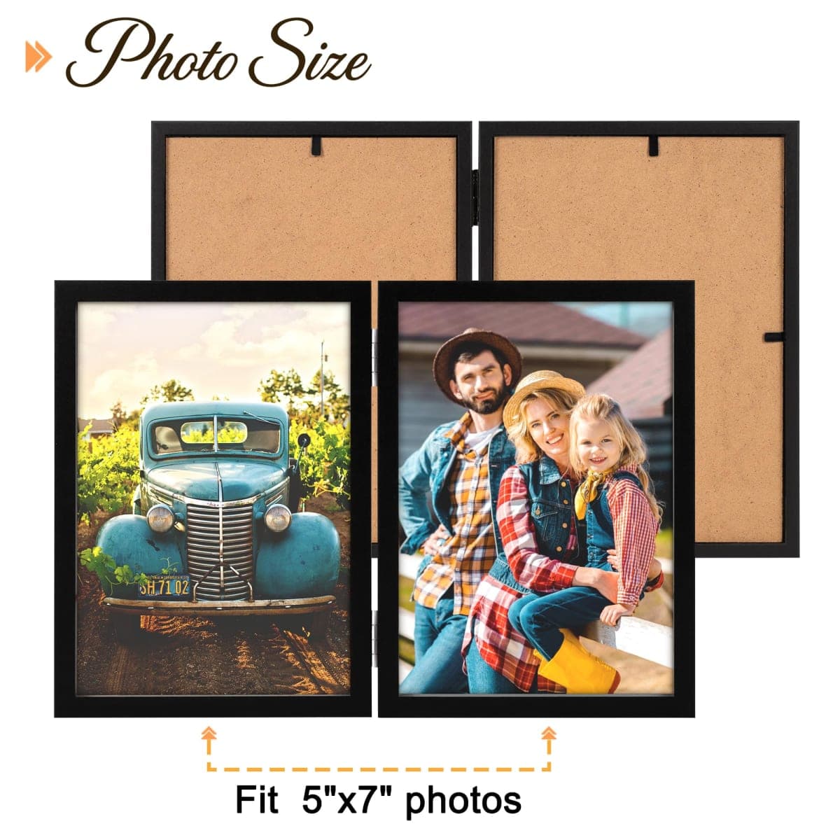 AEVETE 5x7 Picture Frames Double Hinged Wood Folding Photo Frames Vertical with Plexiglass Front, Black thumbnail 2