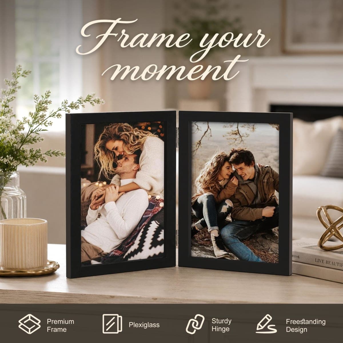 AEVETE 5x7 Picture Frames Double Hinged Wood Folding Photo Frames Vertical with Plexiglass Front, Black thumbnail 3