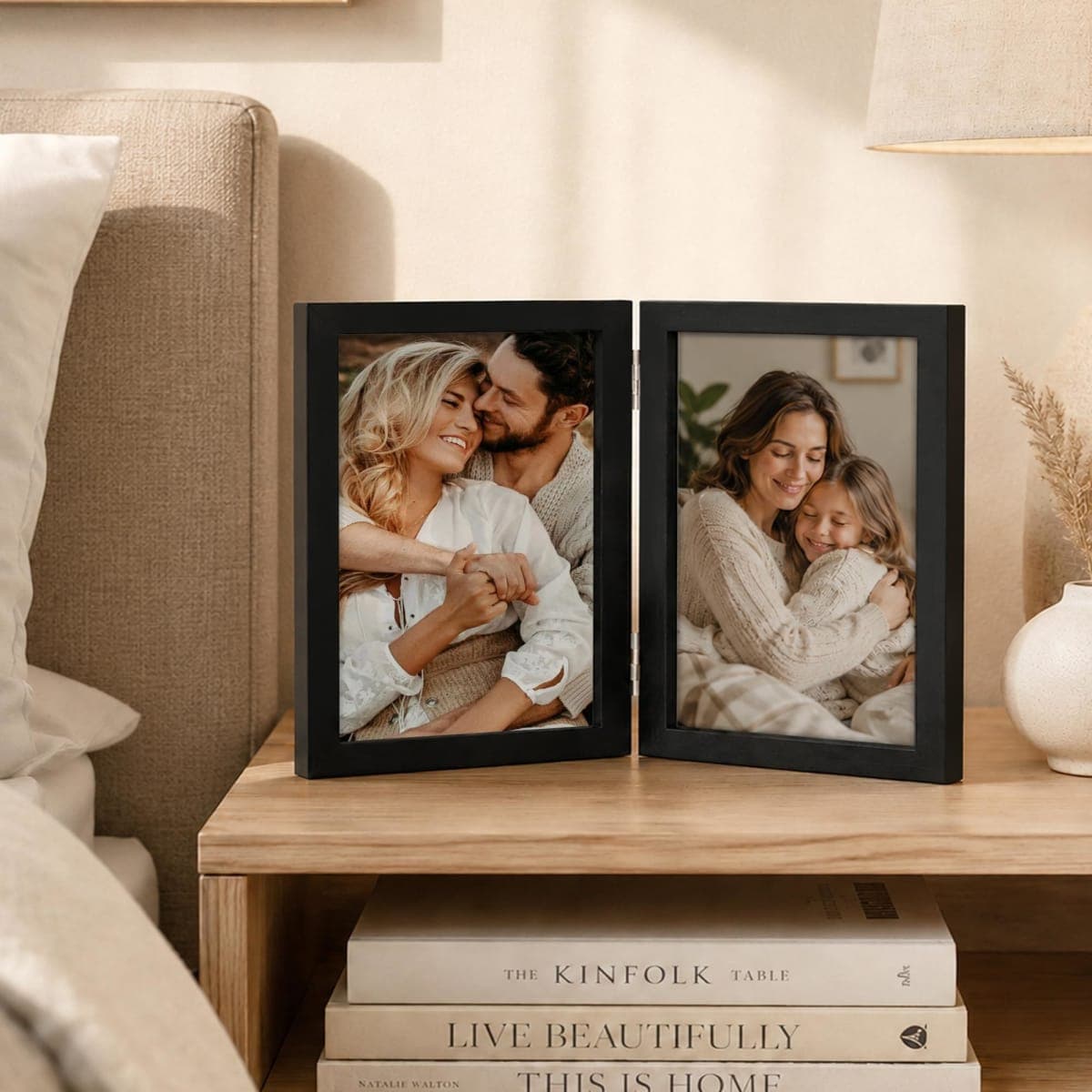 AEVETE 5x7 Picture Frames Double Hinged Wood Folding Photo Frames Vertical with Plexiglass Front, Black thumbnail 4