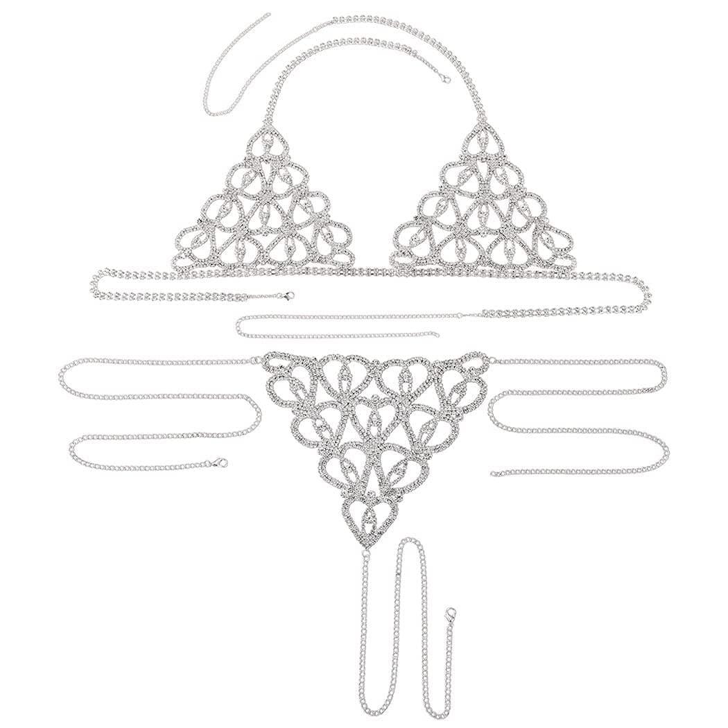 Zoestar Rhinestones Body Chain Suit Silver Crystal Bikini Bra Underwear Sexy Sparkly Party Body Jewelry Accessories for Women thumbnail 2