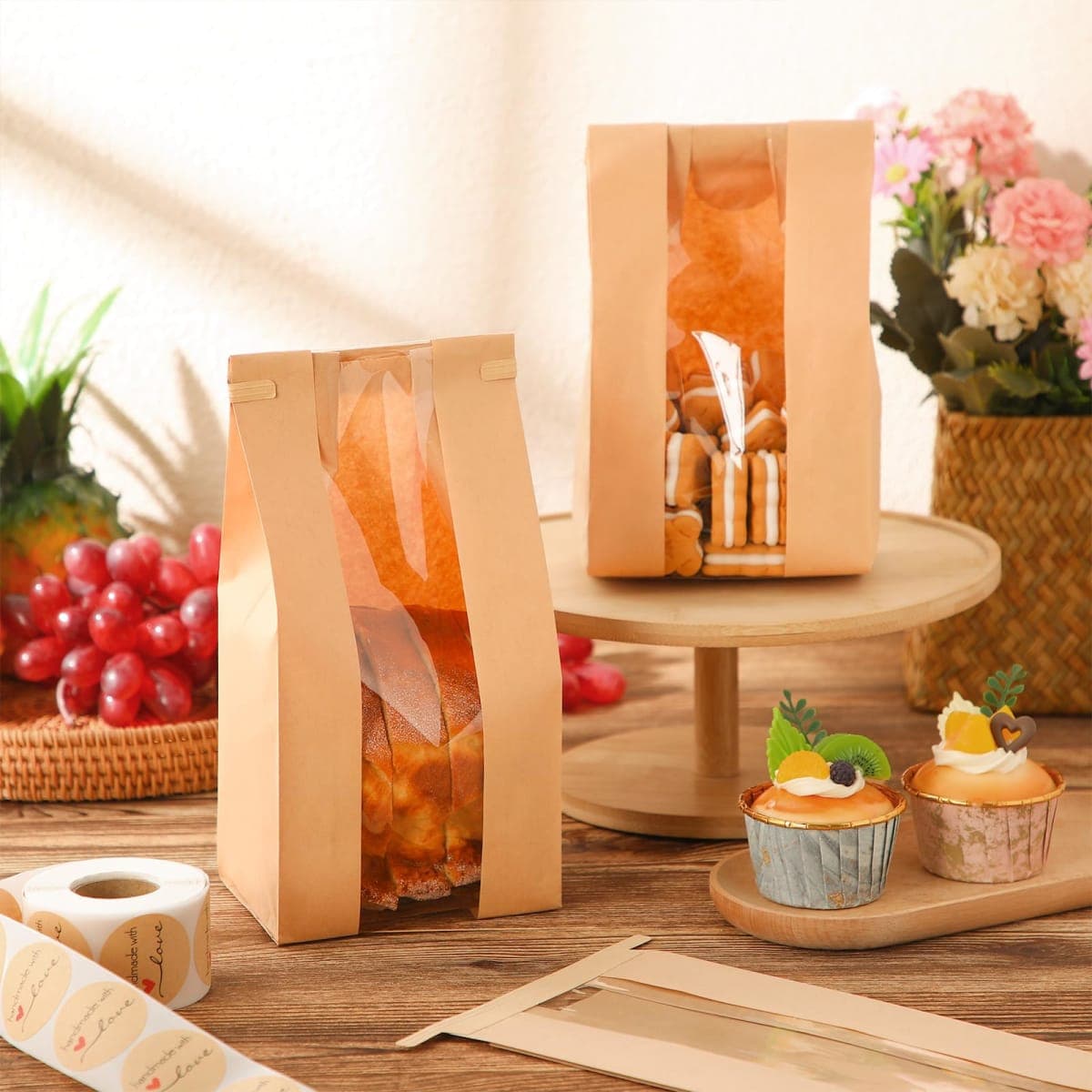 Fullhawl 250 Pcs Paper Bakery Bags with Window Sourdough Bread Bags for Homemade with 500 Pcs Label Seal Stickers 4.7x3.5x11.8 Tin Tie Tab Lock Brown Kraft Bread Bags for Storage Candy Cookie Snacks thumbnail 3
