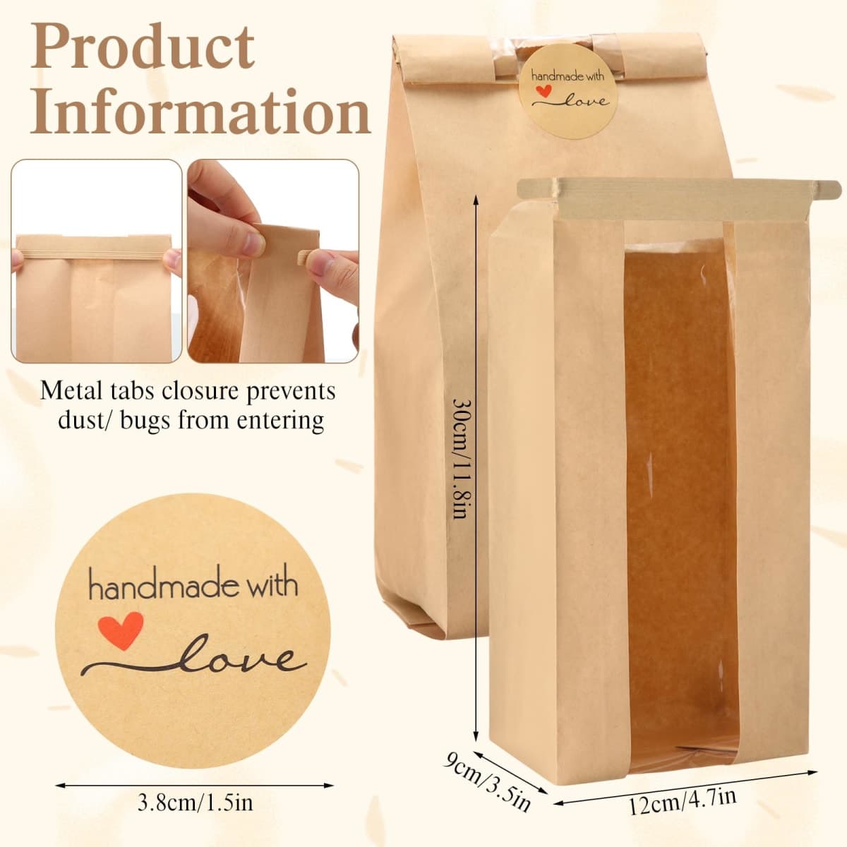 Fullhawl 250 Pcs Paper Bakery Bags with Window Sourdough Bread Bags for Homemade with 500 Pcs Label Seal Stickers 4.7x3.5x11.8 Tin Tie Tab Lock Brown Kraft Bread Bags for Storage Candy Cookie Snacks thumbnail 4