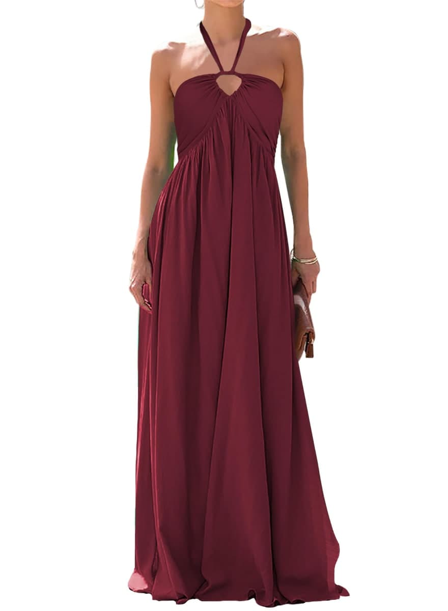 Maxi Dresses for Women Sexy Halter V Neck Backless Smocked High Waisted A Line Beach Vacation Sundress, Burgundy, Large — image 1