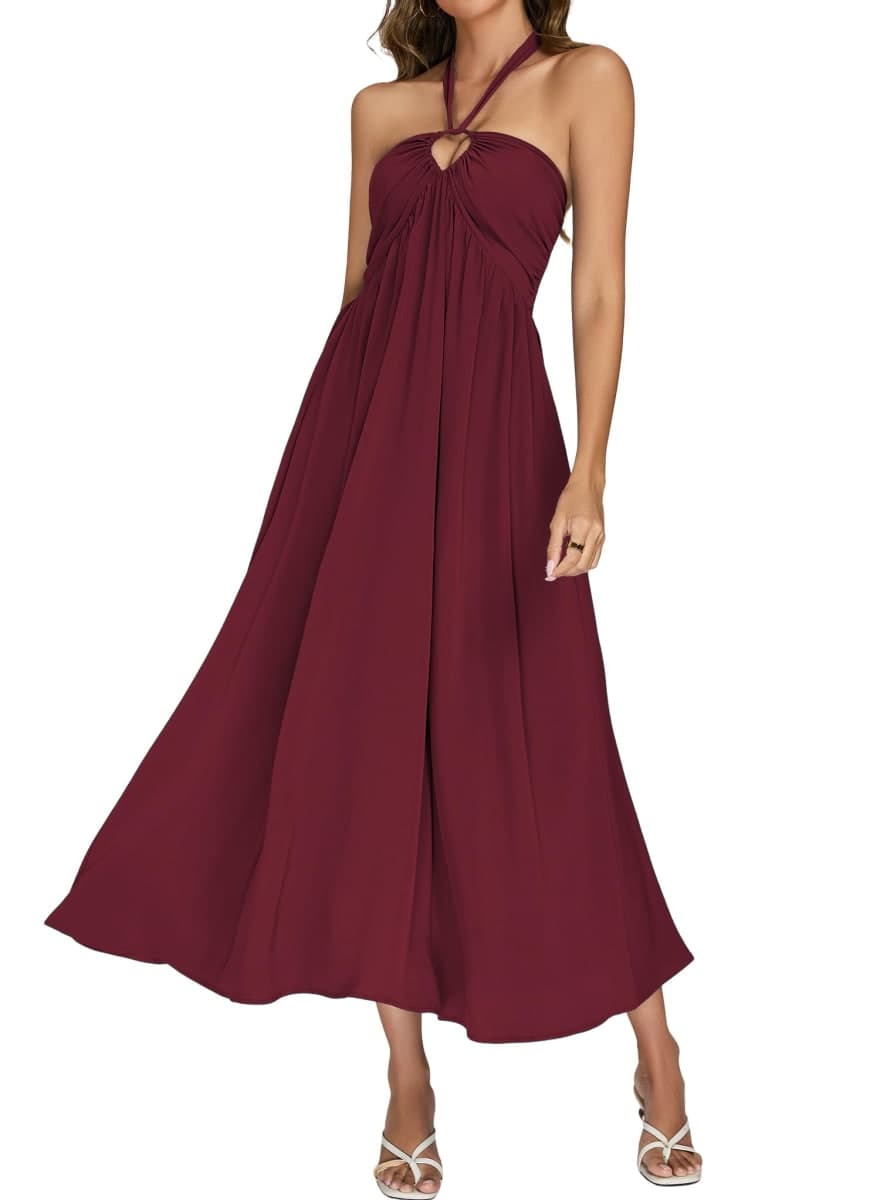Maxi Dresses for Women Sexy Halter V Neck Backless Smocked High Waisted A Line Beach Vacation Sundress, Burgundy, Large thumbnail 2