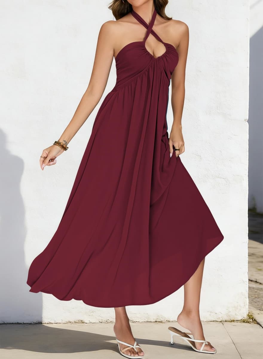 Maxi Dresses for Women Sexy Halter V Neck Backless Smocked High Waisted A Line Beach Vacation Sundress, Burgundy, Large thumbnail 3