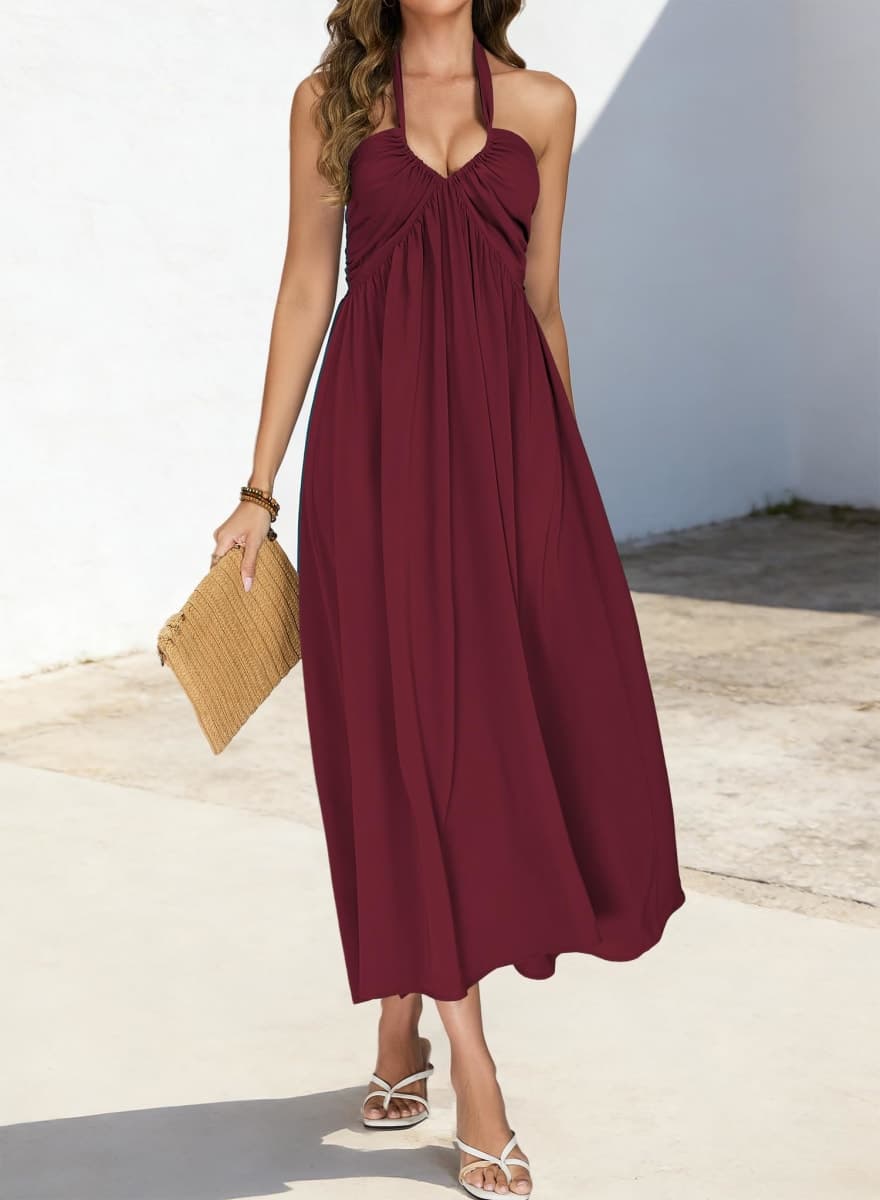 Maxi Dresses for Women Sexy Halter V Neck Backless Smocked High Waisted A Line Beach Vacation Sundress, Burgundy, Large thumbnail 4