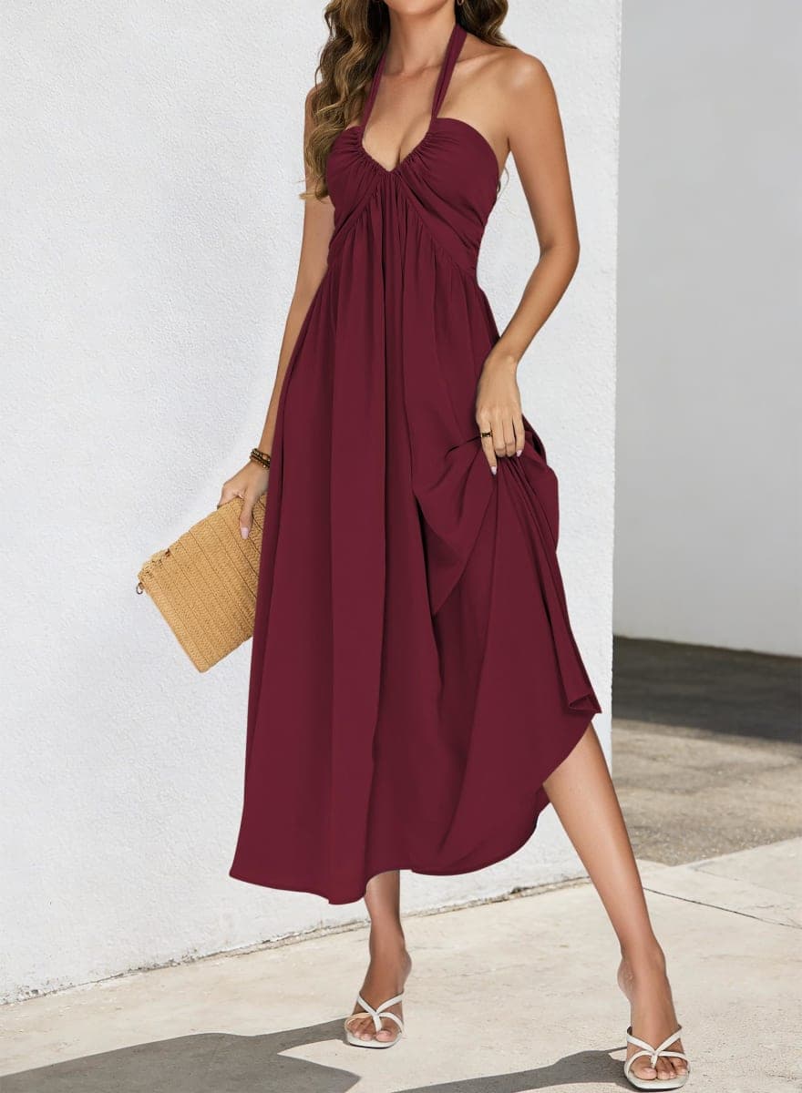 Maxi Dresses for Women Sexy Halter V Neck Backless Smocked High Waisted A Line Beach Vacation Sundress, Burgundy, Large thumbnail 5