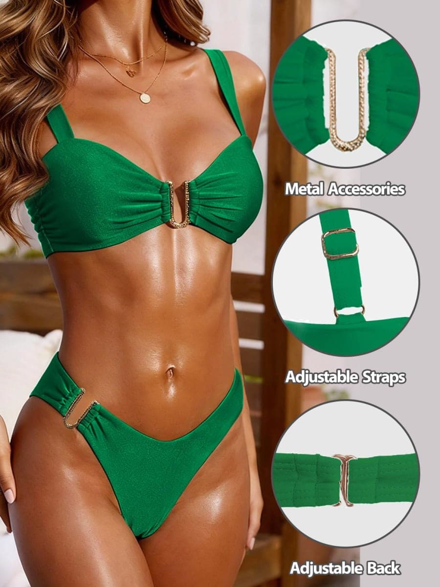 Women’s Bikini Set Two Piece Swimsuit with Metal Accent Top High Cut Bottom, Green, Medium thumbnail 4