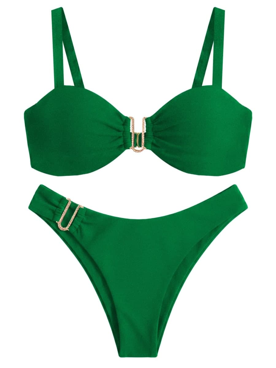 Women’s Bikini Set Two Piece Swimsuit with Metal Accent Top High Cut Bottom, Green, Medium thumbnail 5