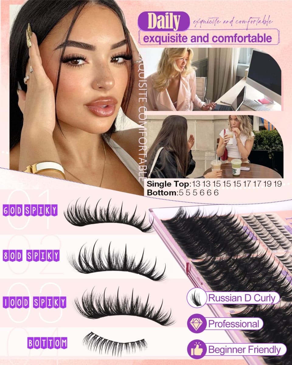 YDAGKH Spiky Lash Clusters 60D 80D 100D Volume Eyelash Cluster Spikes 5-19mm Mega Wispy Cluster Eyelash Extension with Bottom Lashes Fluff Spiky Individuals Eyelashes with Bottom Lash Clusters thumbnail 3