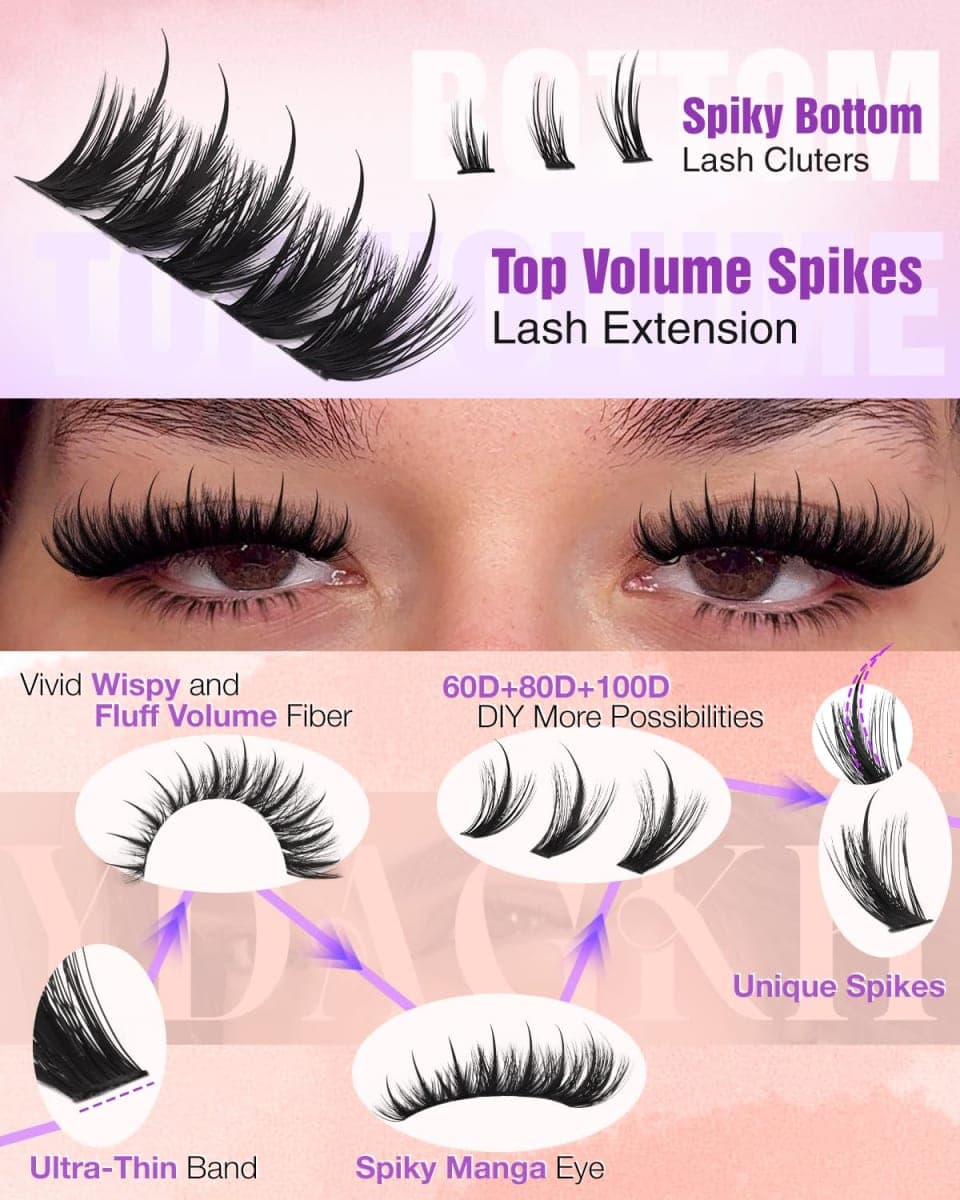 YDAGKH Spiky Lash Clusters 60D 80D 100D Volume Eyelash Cluster Spikes 5-19mm Mega Wispy Cluster Eyelash Extension with Bottom Lashes Fluff Spiky Individuals Eyelashes with Bottom Lash Clusters thumbnail 5