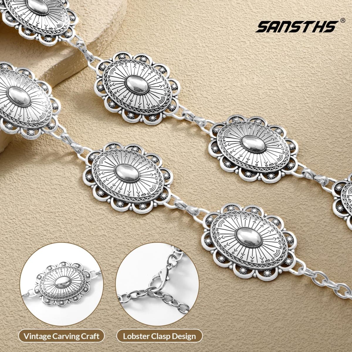 SANSTHS Women Western Concho Belt Cowgirl Boho Chain Belt Country Concert Metal Belt for Dresses,L thumbnail 2