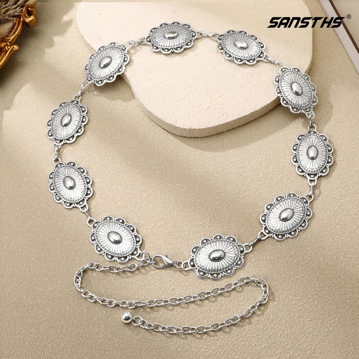 SANSTHS Women Western Concho Belt Cowgirl Boho Chain Belt Country Concert Metal Belt for Dresses,L thumbnail 5