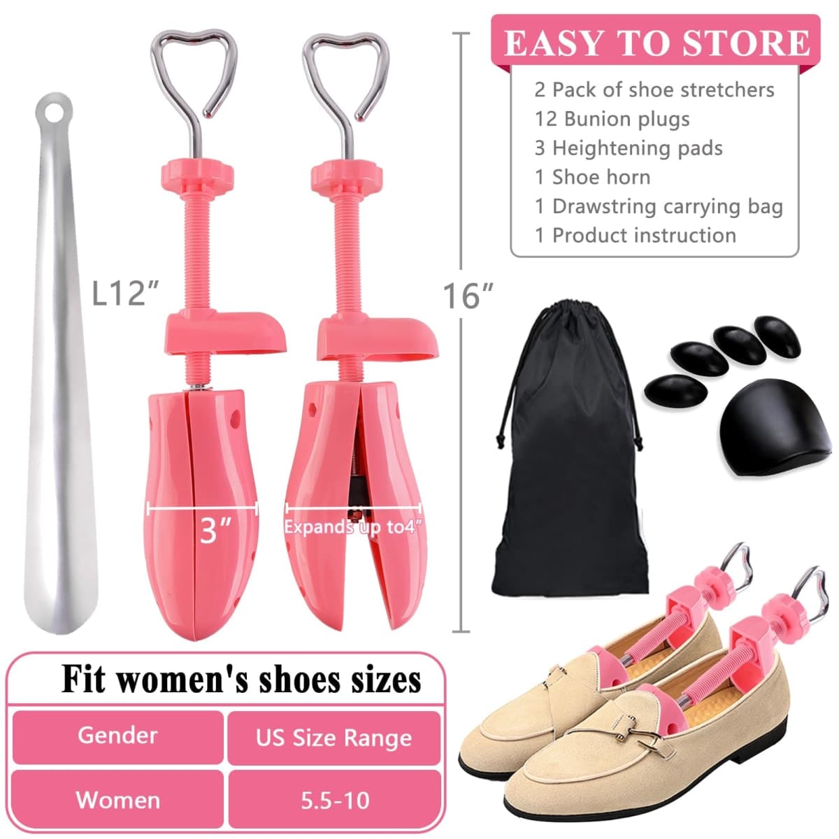 Shoe Stretcher Women, Pair of 4-way Adjustable Shoe Widener Expander to Stretch Length Width Height for Wide Feet, Tough Plastic Shoe Tree Shaper with Bonus 12 Bunion Plugs, Medium thumbnail 3