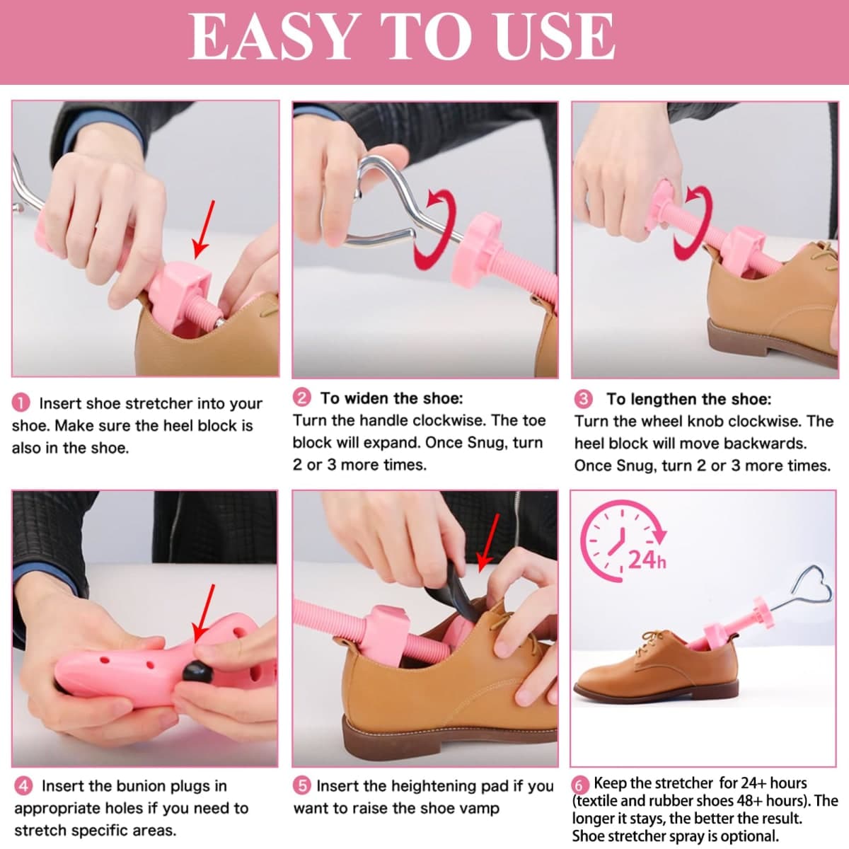 Shoe Stretcher Women, Pair of 4-way Adjustable Shoe Widener Expander to Stretch Length Width Height for Wide Feet, Tough Plastic Shoe Tree Shaper with Bonus 12 Bunion Plugs, Medium thumbnail 4
