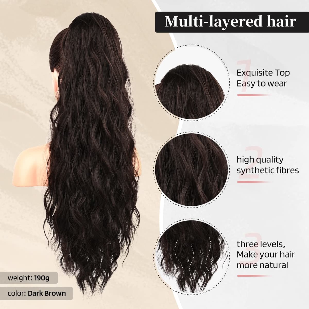 Flufymooz Ponytail Extension, 26 Inch Drawstring Ponytail Hair Extensions for Women， Long Curly Wavy Pony Tail Natural Wavy Synthetic Hairpiece for Women Daily Use party (26 Inch Black Brown) thumbnail 2