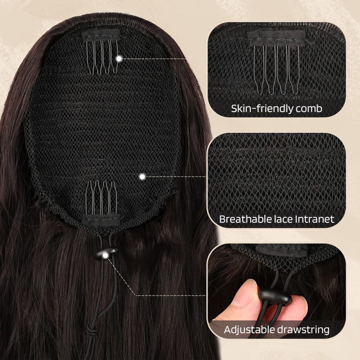 Flufymooz Ponytail Extension, 26 Inch Drawstring Ponytail Hair Extensions for Women， Long Curly Wavy Pony Tail Natural Wavy Synthetic Hairpiece for Women Daily Use party (26 Inch Black Brown) thumbnail 3