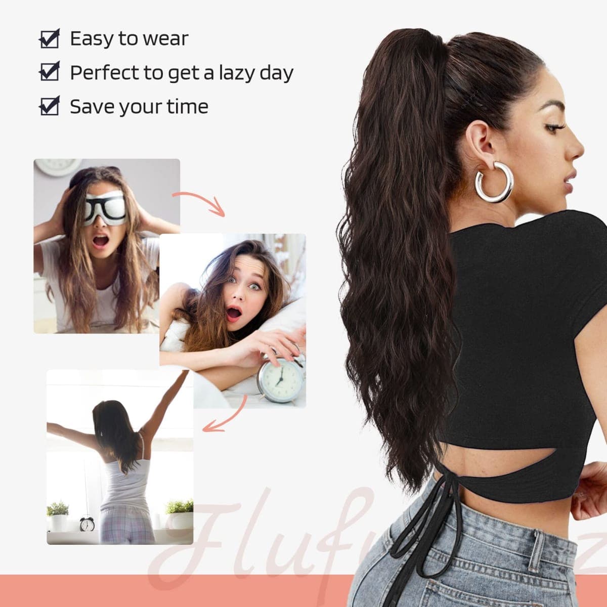 Flufymooz Ponytail Extension, 26 Inch Drawstring Ponytail Hair Extensions for Women， Long Curly Wavy Pony Tail Natural Wavy Synthetic Hairpiece for Women Daily Use party (26 Inch Black Brown) thumbnail 4