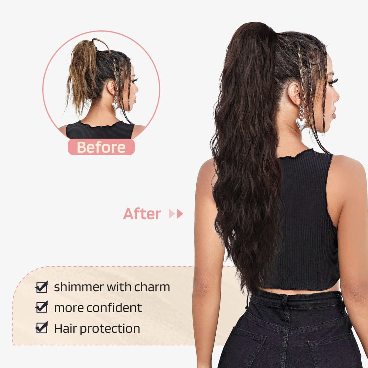 Flufymooz Ponytail Extension, 26 Inch Drawstring Ponytail Hair Extensions for Women， Long Curly Wavy Pony Tail Natural Wavy Synthetic Hairpiece for Women Daily Use party (26 Inch Black Brown) thumbnail 5