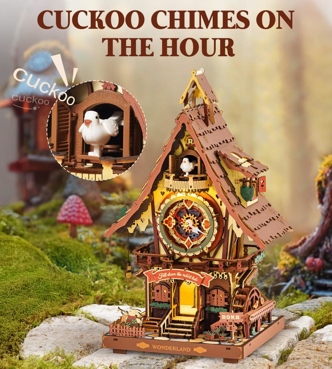 ROKR Cuckoo Clock Mechanical 3D Wooden Puzzle Kit for Adults, DIY Wooden Clock Model Building Set, Unique Home Decor Gift for Women Men thumbnail 2