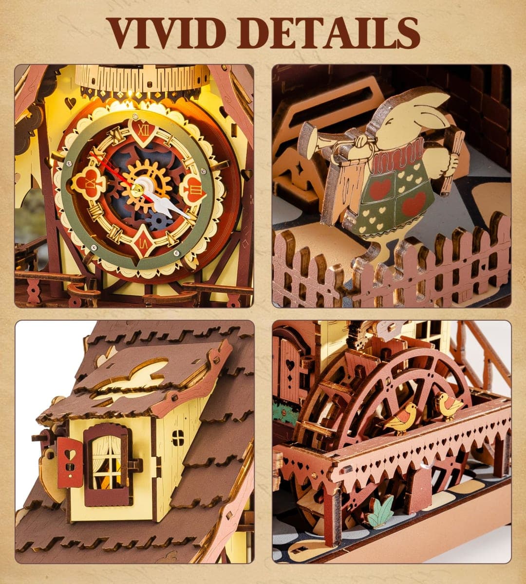 ROKR Cuckoo Clock Mechanical 3D Wooden Puzzle Kit for Adults, DIY Wooden Clock Model Building Set, Unique Home Decor Gift for Women Men thumbnail 4
