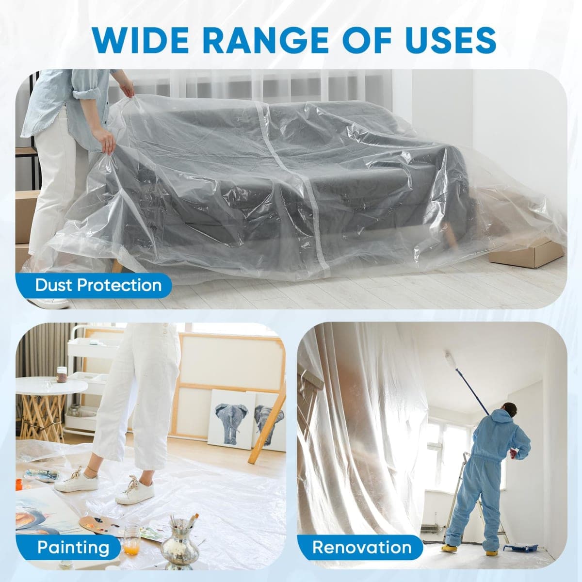 TICONN 12 x 9 Ft Plastic Drop Cloth for Painting, Waterproof Painters Plastic Sheeting, Painting Tarp for Furniture Cover, Floor Protection (6PK, 0.5Mil) thumbnail 3