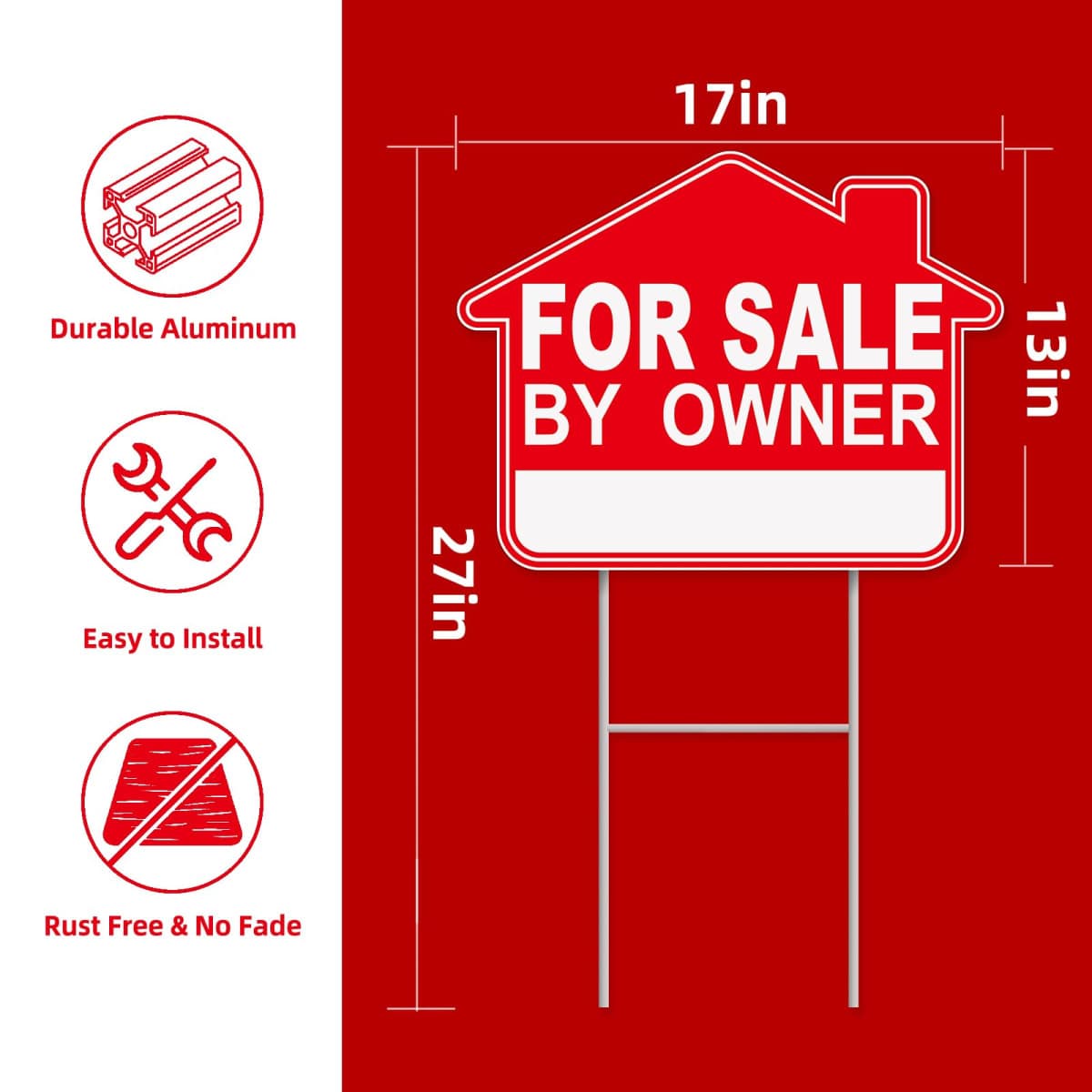 For Sale By Owner Yard Sign, 1-Pack 17"x13" Double-Sided, Corrugated Plastic, H-Stake Metal Stakes, Home for Sale Sign, Estate Sale Signs, Yard Sale Signs With Stakes, House for Sale thumbnail 3
